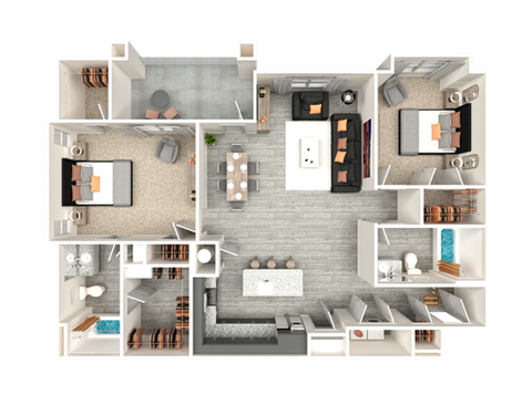 Floor plan for 2 beds, 2 baths, 1251 sqft